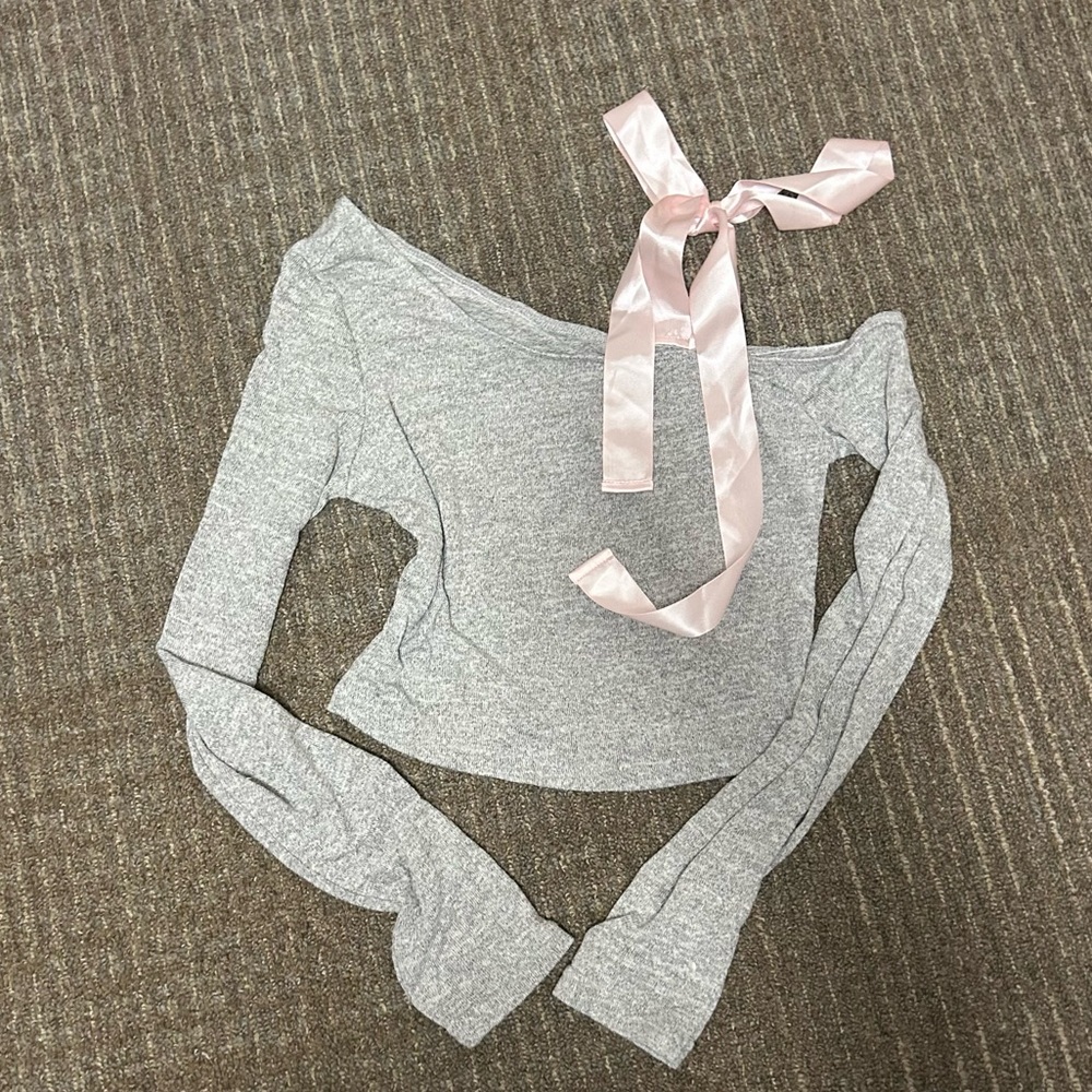 ballet ribbon gray off the shoulder sweater